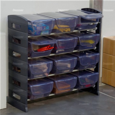 Boltless 4 tier plastic shelf unit, 12 storage bins