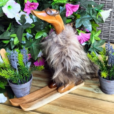 Decorative Wooden Duck 254 - Brown Fur, Goggles and Skis